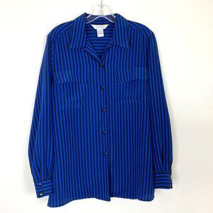 Sellecca Women's Button Up Blouse Size 10 Blue Black Pockets Office Business